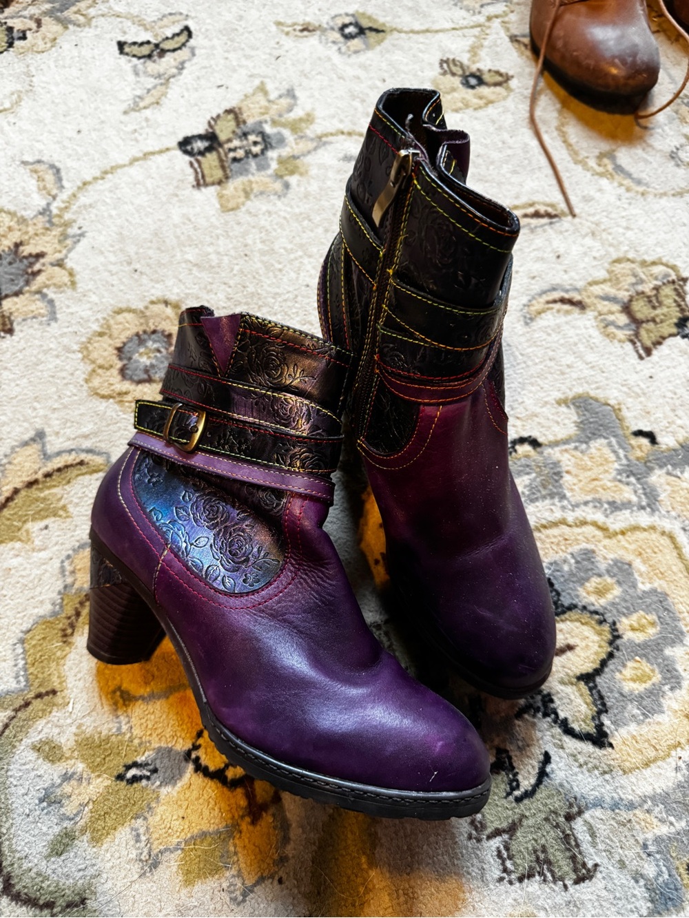 Women's Purple Leather Ankle Boots with Embossed Strap Detail
